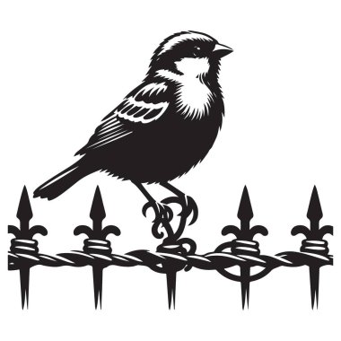 Dikenli çite tünemiş siluet kuş vektör görüntü çizimi