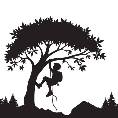 Siluet Çocuk Doğa Macerası Çizim Vektöründe Ağaca Tırmanıyor