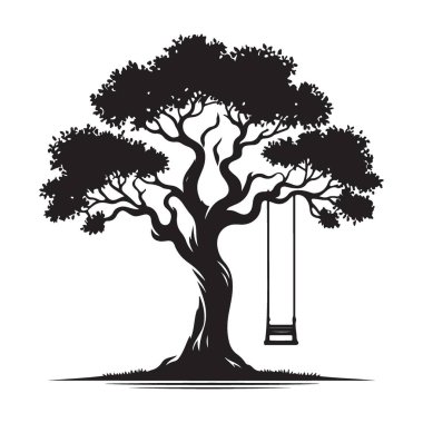 Bahçe siluetinde sallanan büyük bir ağaç.