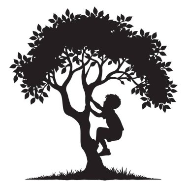 Siluet Çocuk Ağaca Tırmanan Resim Macerası ve Çocukluk Eğlencesi