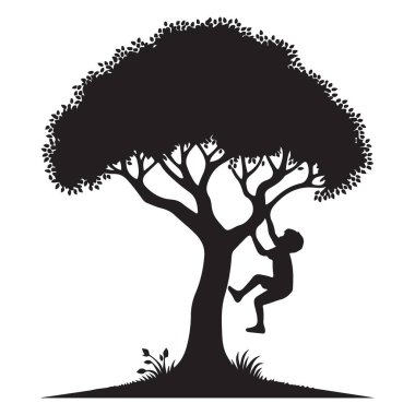 Doğayı seven erkekler için ağaç vektör çizimine tırmanan çocuk silueti