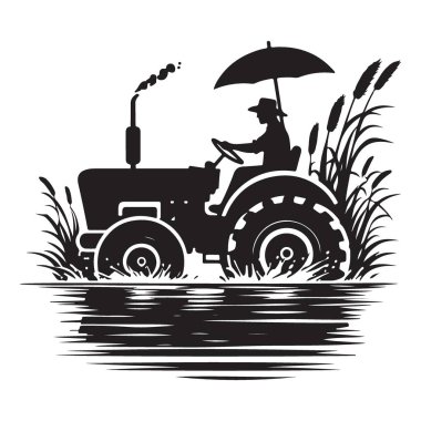 Çiftçinin silueti tarımsal üretim için traktör sürücüsü