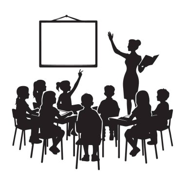 Öğretmen ve öğrencilerin sınıf vektör grafiksel çizimlerindeki silueti