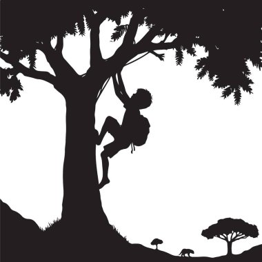Siluet Çocuk Bir Ağaca Tırmanıyor Doğa Macerası Vektörü
