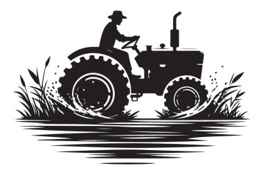 Tarımsal Vektör Resimlerinde Siluet Çiftçisi Traktörü Sürüyor