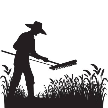 Ayrıntılı Çiftçi Silueti Rake Illustration ile Tarlada Çalışıyor