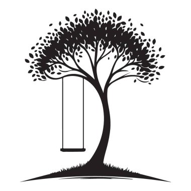 Siluet Ağacı Swing Illustration A Nostaljik Siyah Vektör Tasarımı