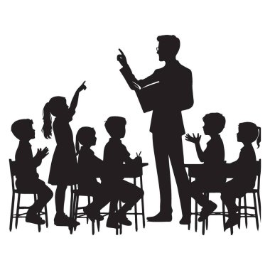 Siluet Öğretmeni ve Öğrencileri Eğitim Vektörü Resmini Öğreniyor