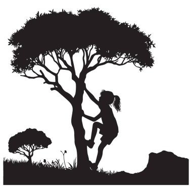 Siluet Kız Tırmanan Ağaç Macerası Açık Hava Vektör Çizimi Tasarımı