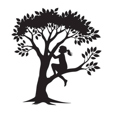 Büyüleyici kız silueti ağaç vektör sanat çizimine tırmanıyor