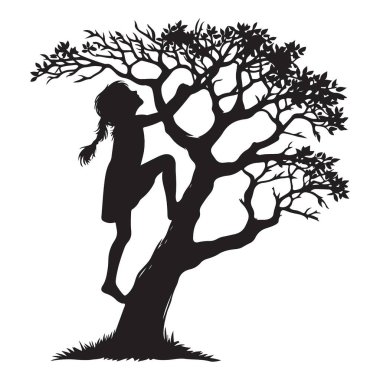 Kız silueti tırmanma ağaç vektör sanat açık hava macera illüstrasyon