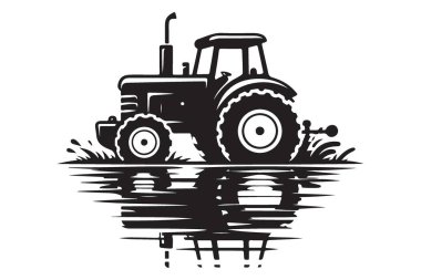 Su vektörü tarım taşıma illüstrasyonunda siyah traktör yansıması