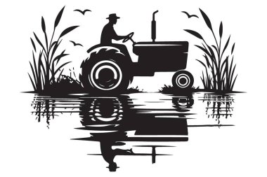 Çiftlik arazisindeki yansıma görüntüsünde sürücüsü olan çekici siluet vektörü