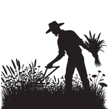 Siluet vintage çiftçi adam çizim ile tarla hasat