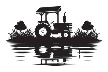 Siluet Traktörü Su Tarım ve Tarım Manzarası Vektörü Yansıtıyor