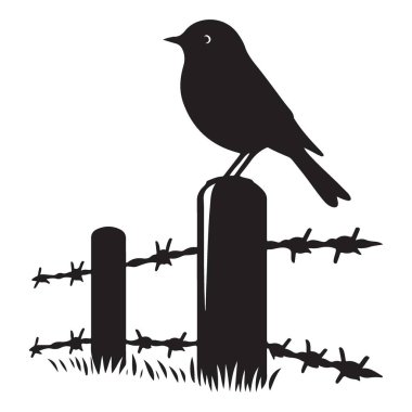 Dikenli tele tünemiş siluet kuş Huzurlu Kırsal Sahne Çizimi