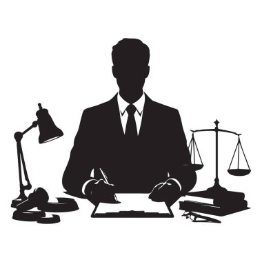 Masa başı Adalet Sistemi kavramında çalışan Avukat Silueti