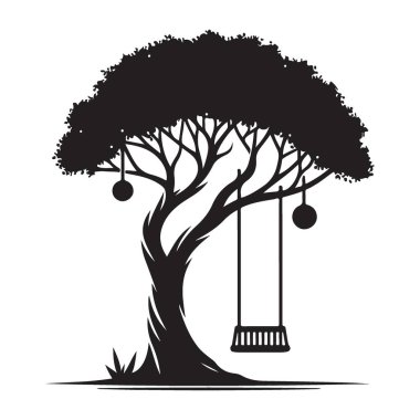 Siluet Ağacı Salıncak Huzurlu Sahne Güzel Doğa Çizimi