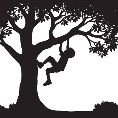 Siluet Çocuk Çocukluk Maceraları için Ağaca Tırmanan Vektör İllüstrasyonu