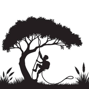 Siluet Çocuk Macera İçin İp İp İle Bir Ağaca Tırmanıyor