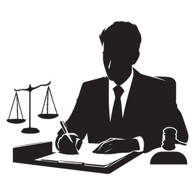 Avukat silueti yasal belge yazarken adalet terazileri ve tokmak görüntüsü