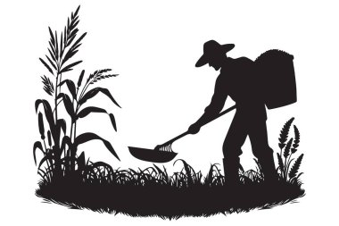 Tarımsal Arazi Resimlerinde Tarla Ekinleri Toplayan Çiftçi Silueti