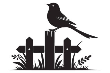 Siluet Kuş Doğal Manzara Çizimi Çitin üstüne tünedi