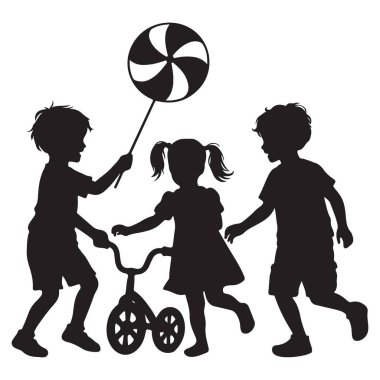 Bisiklet ve Lolipop Vektör Sanatı ile Siluet Oynayan Çocuklar