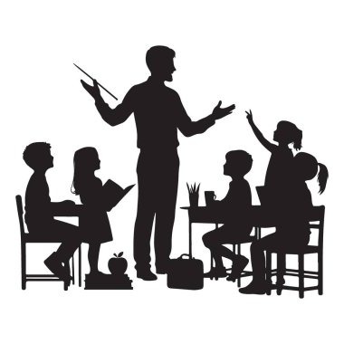 Öğrencilerle etkileşim halinde olan bir öğretmenin etkili sınıf yönetimi silüeti