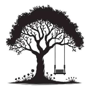 Oyun parkı eğlencesi için salıncaklı ve çiçekli ağaç silueti