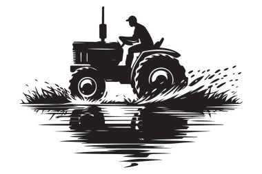 Traktör Silueti Bir Çiftçinin Su Tarlalarını Sürüşü