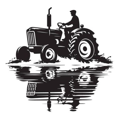 Eski Traktör Su Yansıtma Silueti ile Çiftlikte Sürüş