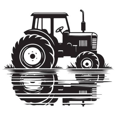 Su Yansıması Tarım Temalı Eski Traktör Saha Silüetinde