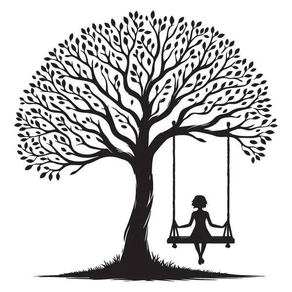 Bir kızın silueti ağacın altında sallanıyor.