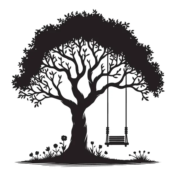 Oyun parkı eğlencesi için salıncaklı ve çiçekli ağaç silueti