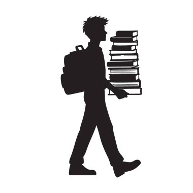 Ağır bir kitap yığını taşıyan bir öğrencinin silüeti.