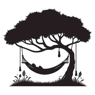 Hamak tatilinde dinlenen siluet ağaçların altında serinliyor