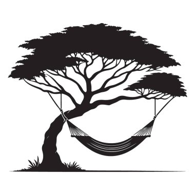 Ağaçlar arasındaki hamak silueti gevşeme ve huzurlu tatil titreşimleri