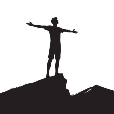 Dağ zaferinin tepesinde duran bir adamın silüeti.