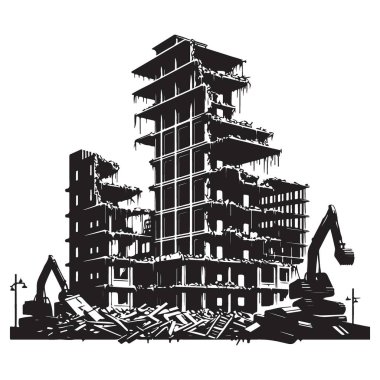 Bina yıkım alanı silueti inşaat tehlikesini yok ediyor