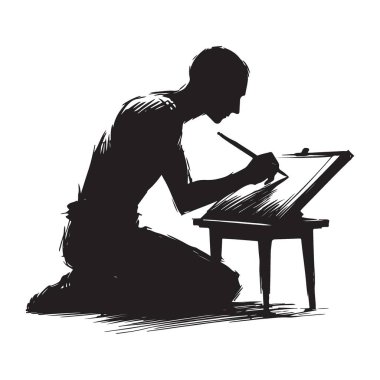 Siluet Sanatçısı Easel Yaratıcı Süreç Vektörüne Çizim Yapıyor
