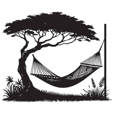 Afrika Ağacı Altındaki Hamak Silüeti Açık Hava Vektör Sanatı