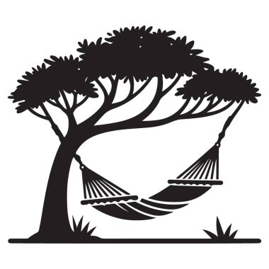 Ağaçta asılı duran rahatlatıcı hamağın silüeti.