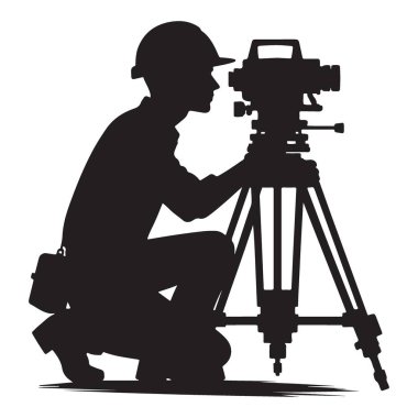 Siluet İnşaat Alanı Gözlemcisi Teodolite Enstrüman Ölçümü Kullanıyor