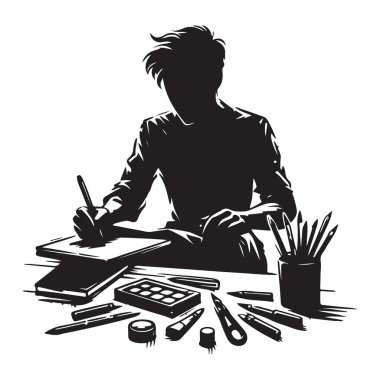 Worative Illustrator at Work Silhouette Vektör Grafiği Tasarımcılar için