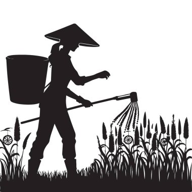 Pirinç Tarlalarında Çalışan Asyalı Çiftçi Siluet Vektör İllüstrasyonu