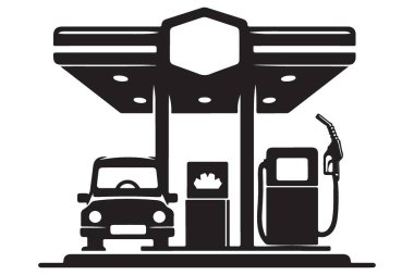 Benzin istasyonu vektöründe arabası olan bir benzin istasyonunun silueti.