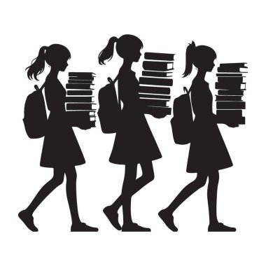 Eğitim için kitap taşıyan üç kızın silueti.