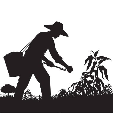 Yiyecek yetiştirmek için ekin eken çiftçinin silüeti.