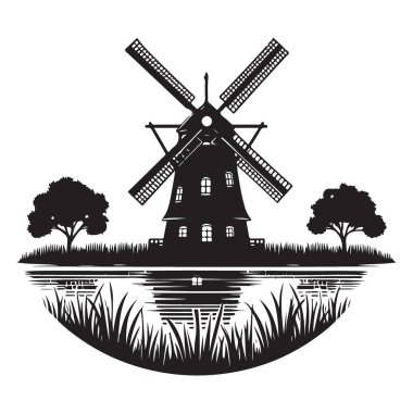 Riverside Peyzaj Tasarımı 'nda klasik Hollanda Yel Değirmeni Silüeti Çizimi
